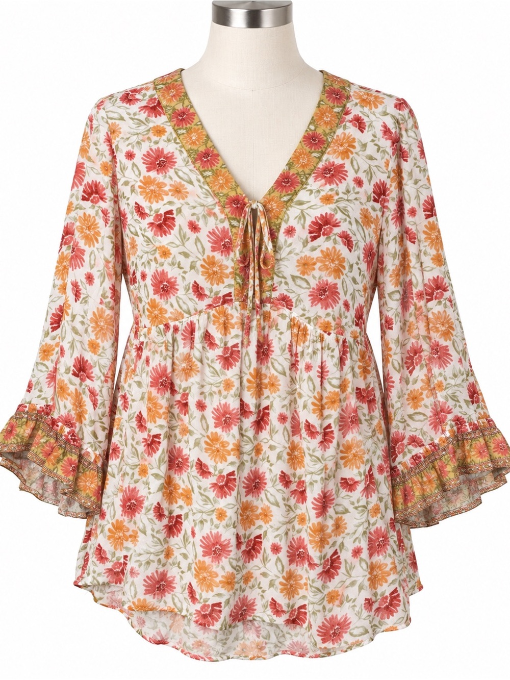 Cynthia Rowley Woman 1X Floral Boho V-Neck Bell Sleeve Tunic Blouse
